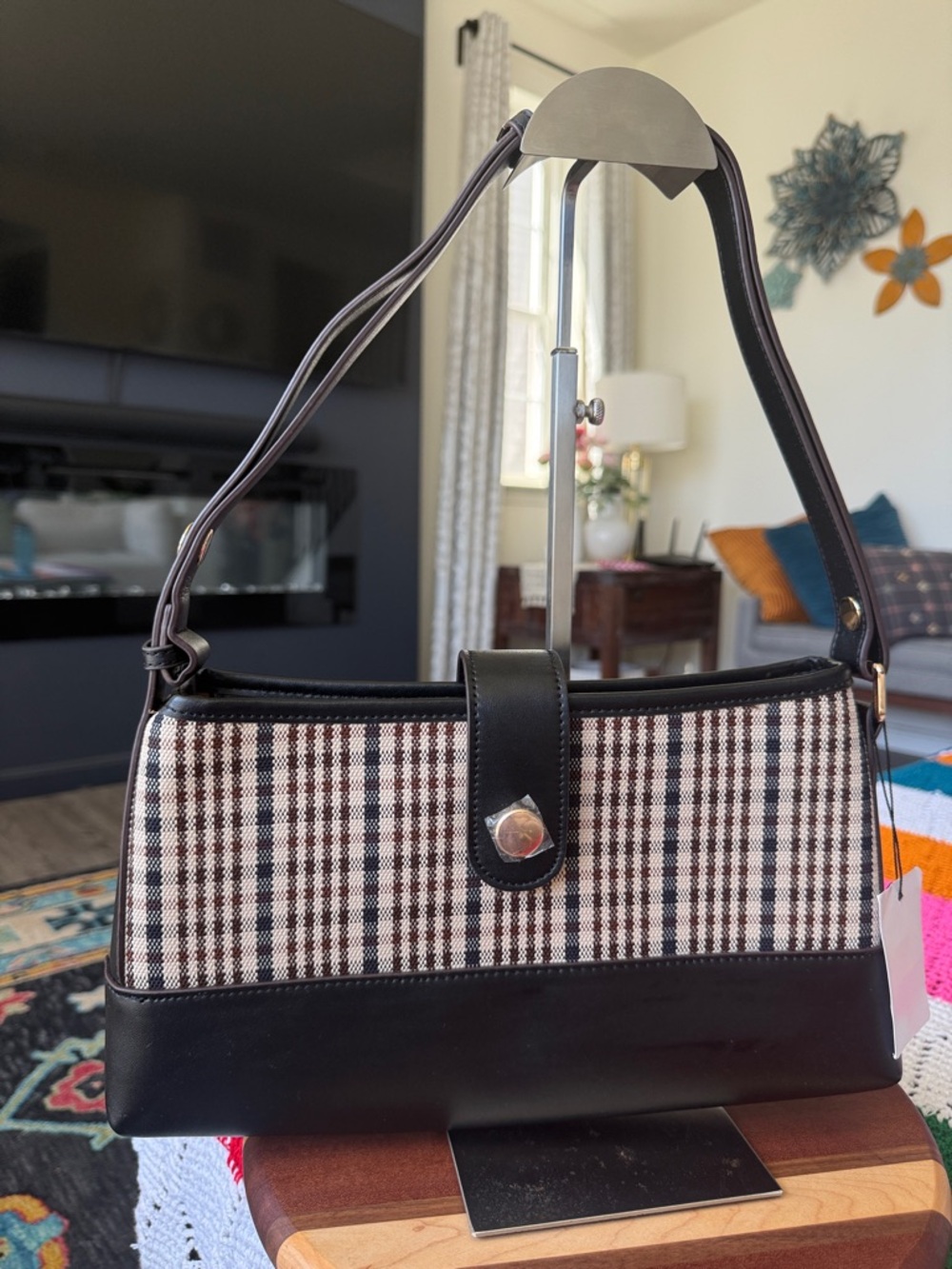 Black and Cream Plaid Shoulder Bag